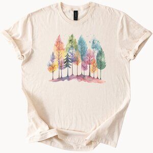 Pastel Watercolor Forest Shirt Colorful Trees Nature Graphic Tee